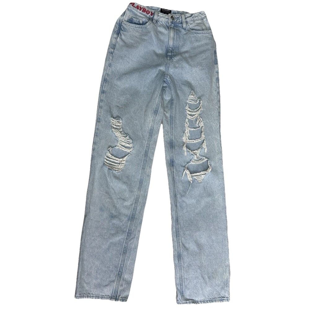 Playboy Pacsun Jeans Sz 25 Womens Bunny Light Distressed Straight Leg Y2K Grunge